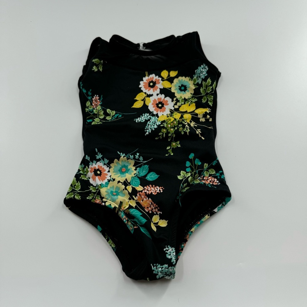 Chelsea B Dance Bodysuit – Child XS, Black w/ Floral Print, Mesh Neckline & Open